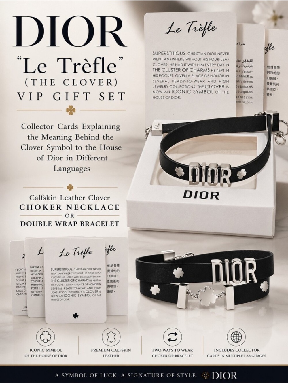 DIOR Parfums "Le Trèfle" Lucky Charm Leather Bracelet/Choker &
Collector Cards